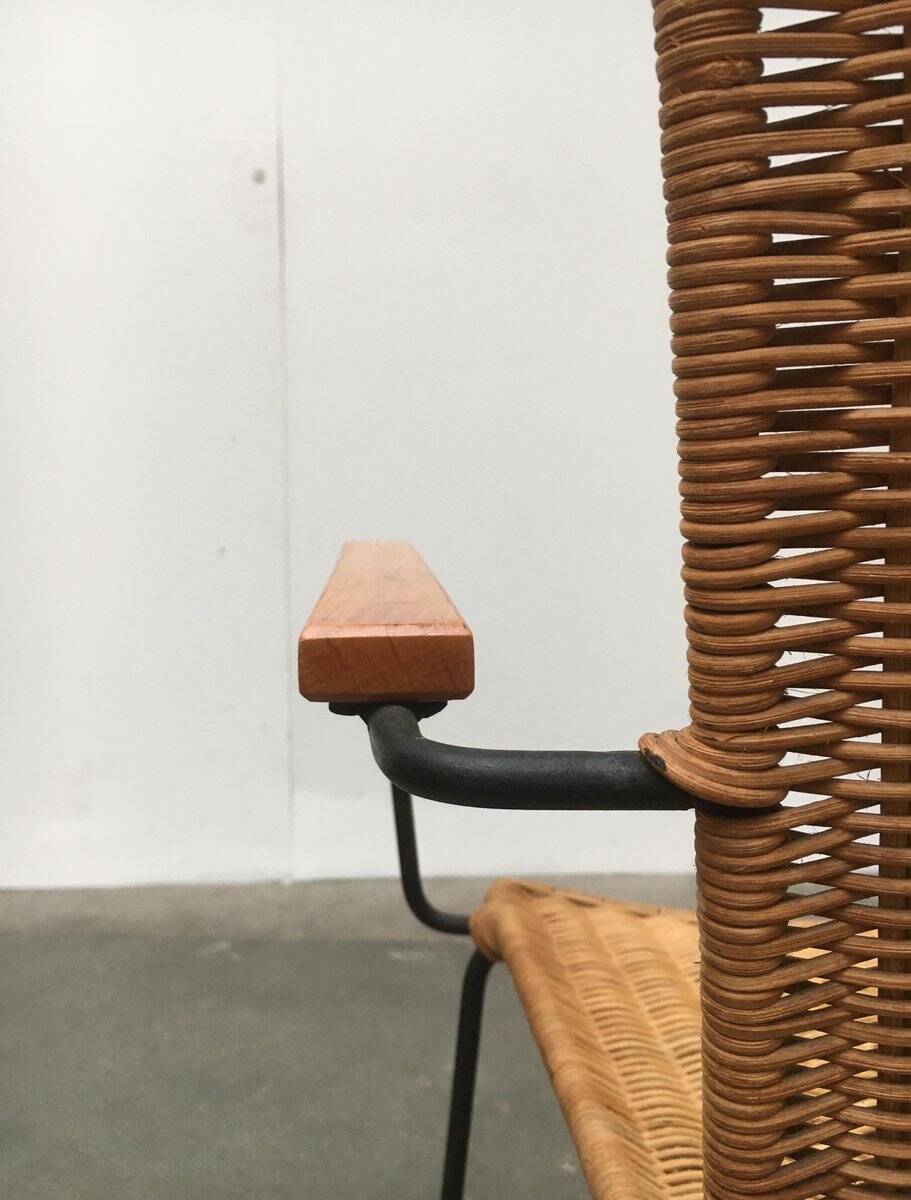 Mid-century metal and rattan dining chairs, set of 3.