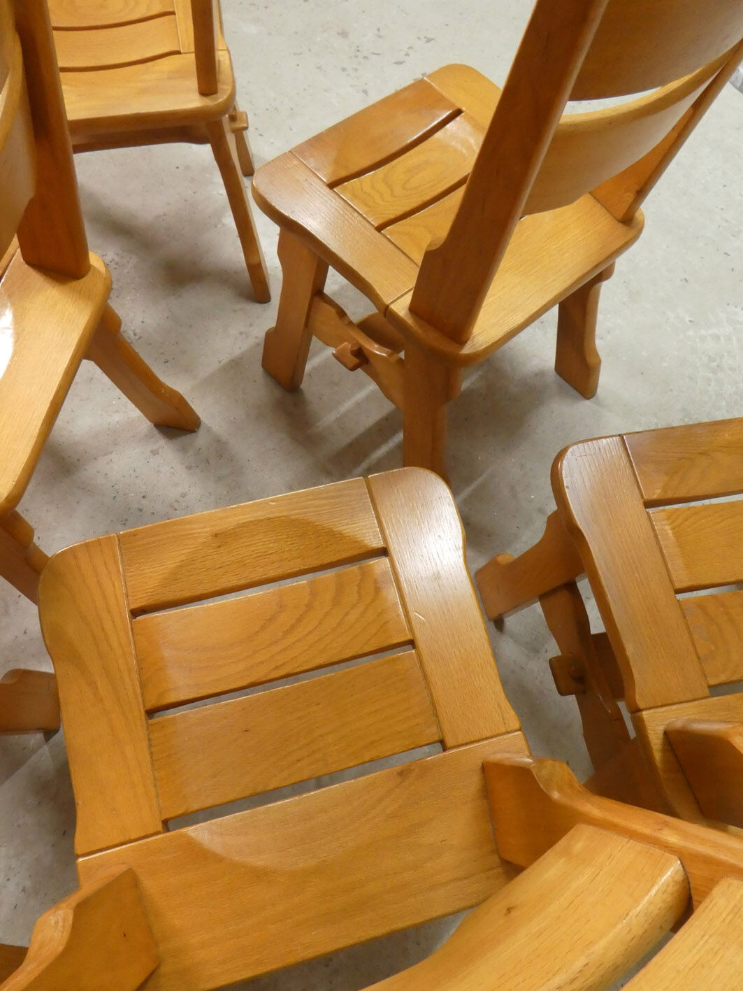 series of 6 brutalist chairs in blond oak, 1970