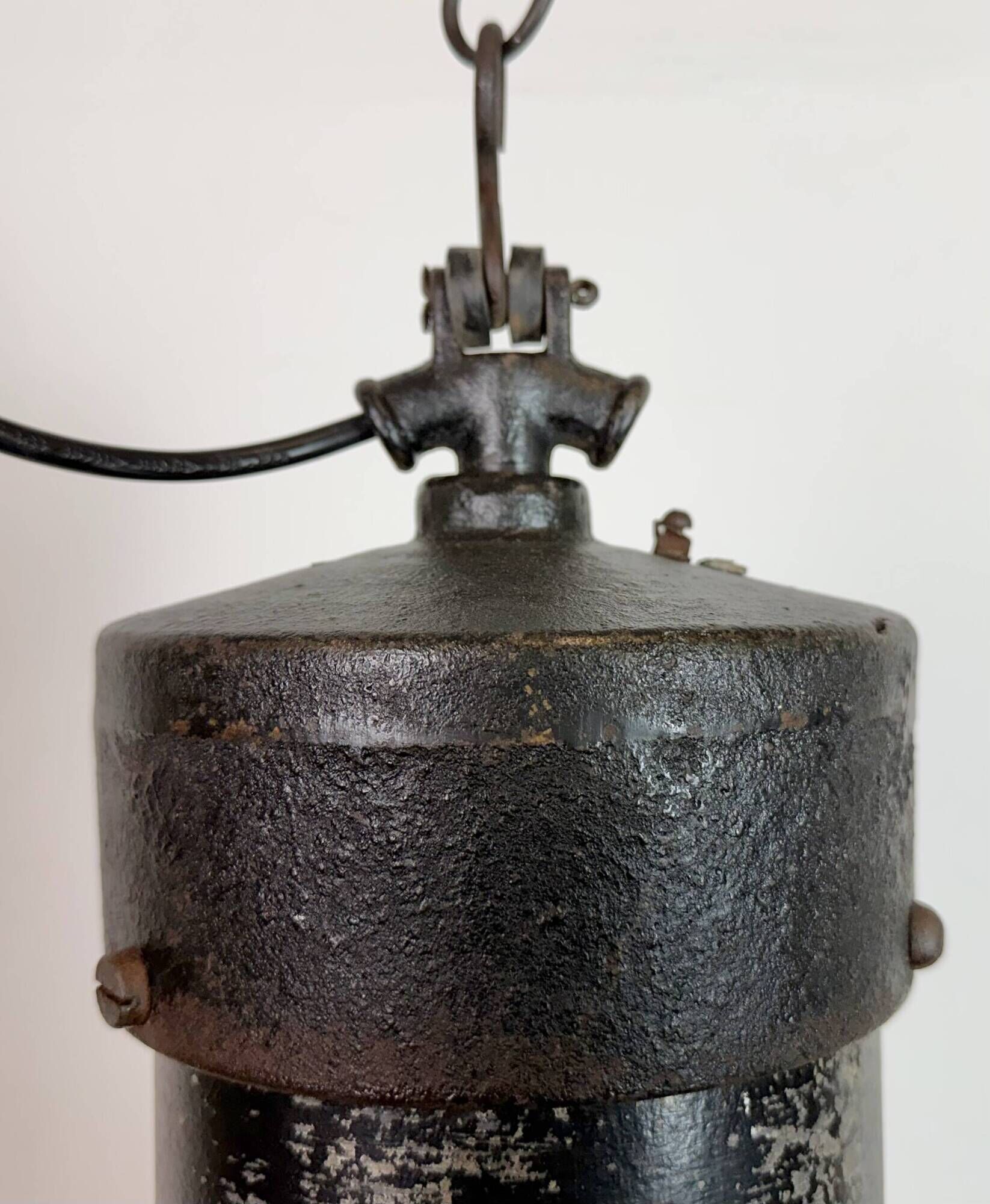 Large Industrial Factory Black Pendant Lamp with Cast Iron Top, 1950s