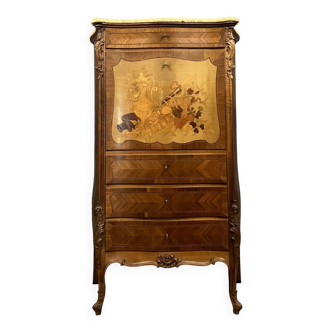 Muséal secrétaire galbé style Louis XV en noyer et marqueterie de bois précieux