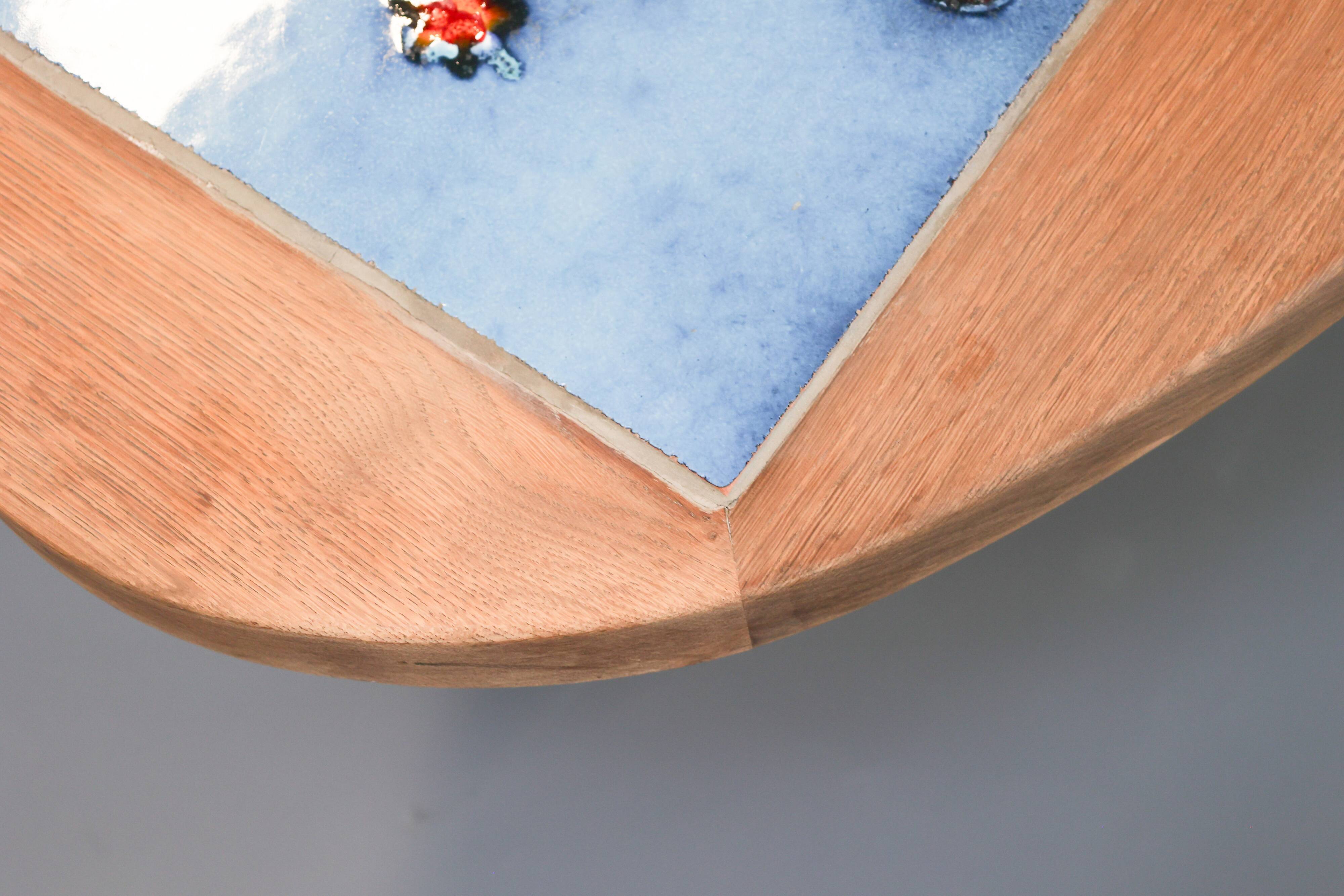 Oak and tile coffee table by Guillerme et Chambron for Votre Maison, 1970s.