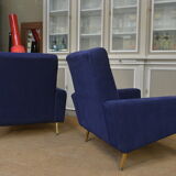 Pair of armchairs and ottoman vintage 1950 in blue velour and brass