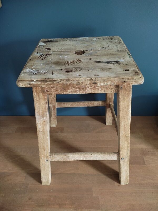 Patinated wooden stool square seat dp 0322007 old vintage