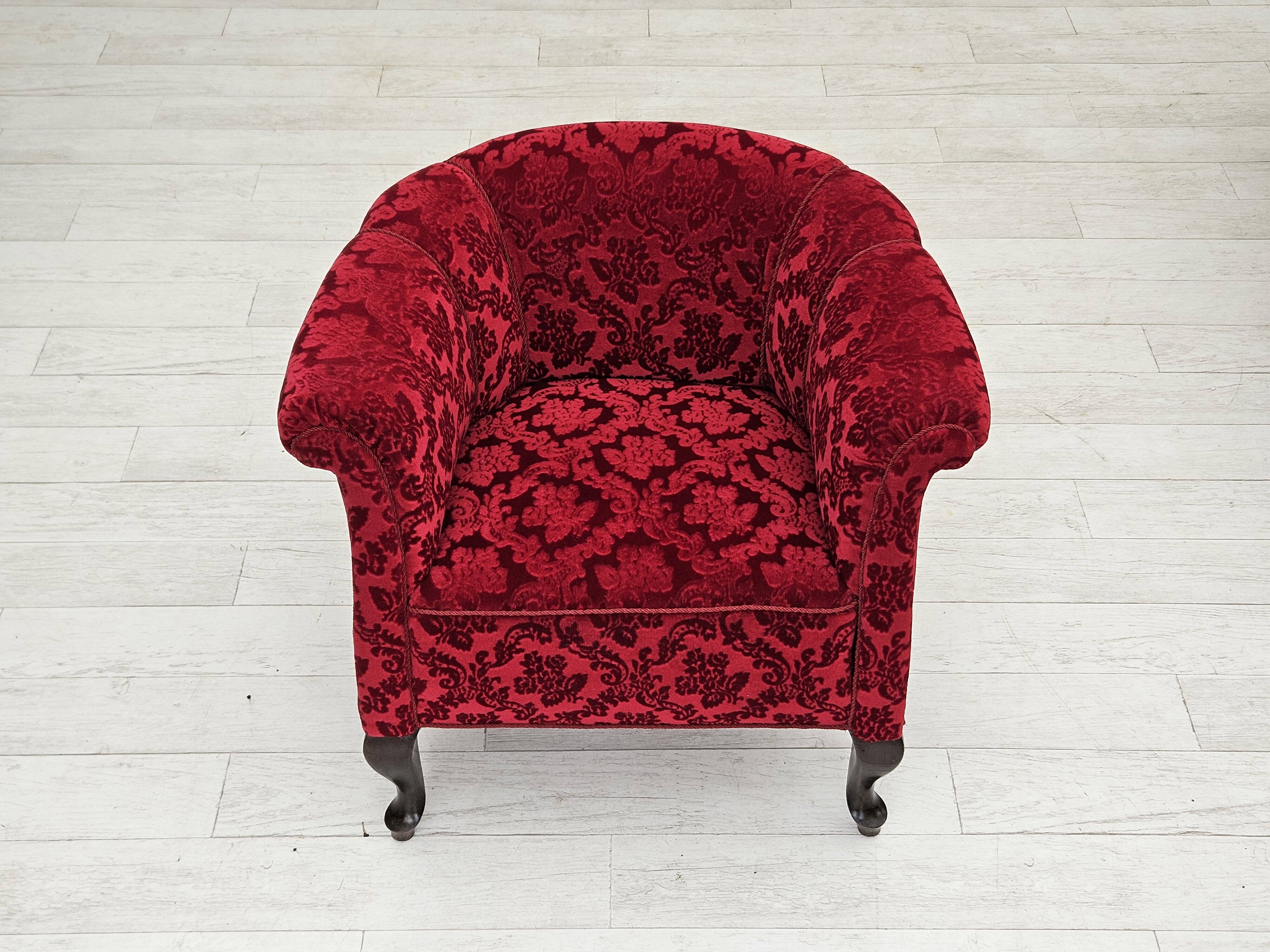 1950s, pair of two Danish lounge chairs, red cotton/wool fabric, beech wood.