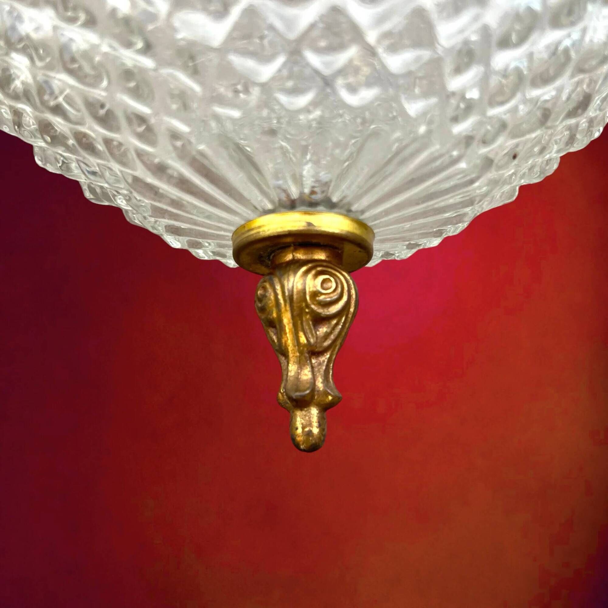 Pair of Massive Belgium ceiling lights in pressed glass and gold metal – late 1960s