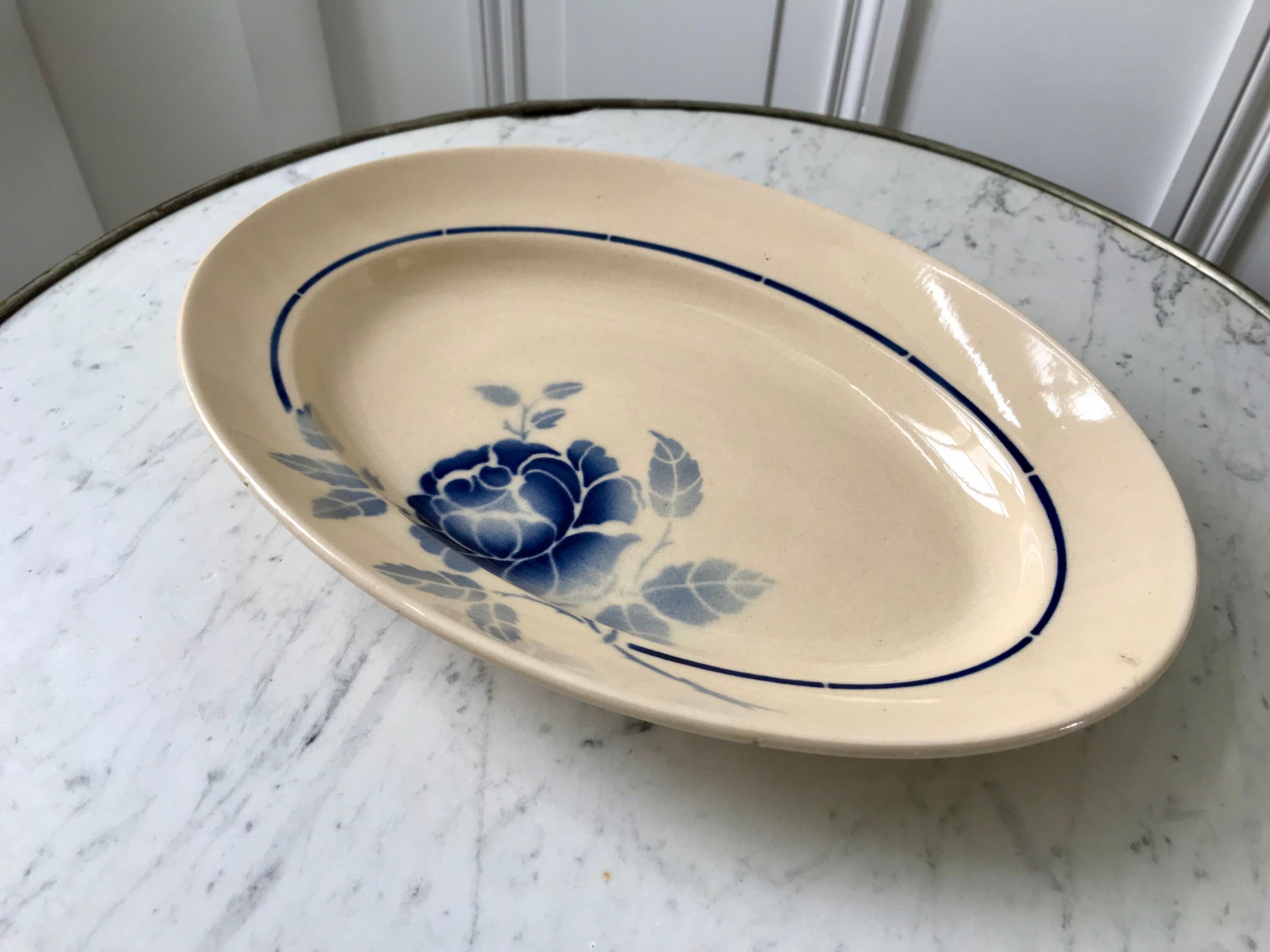 oval dish blue flowers Saint-Amand 30s-40s