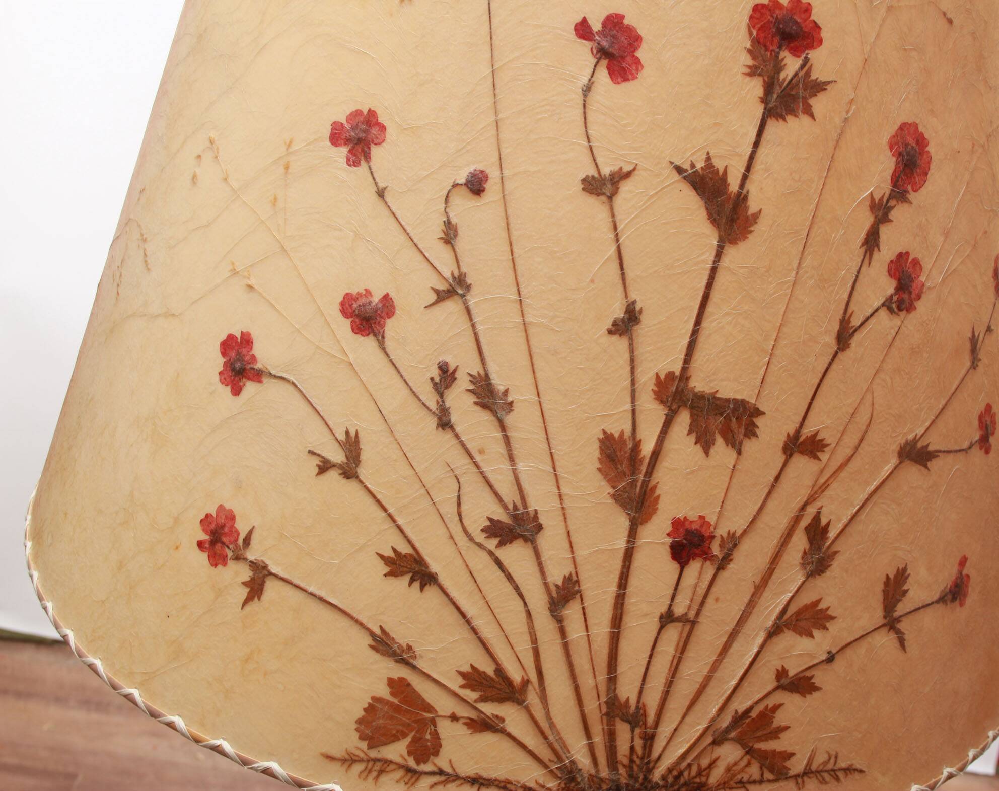 1950s floor lamp in brass and teak/shade with floral motif