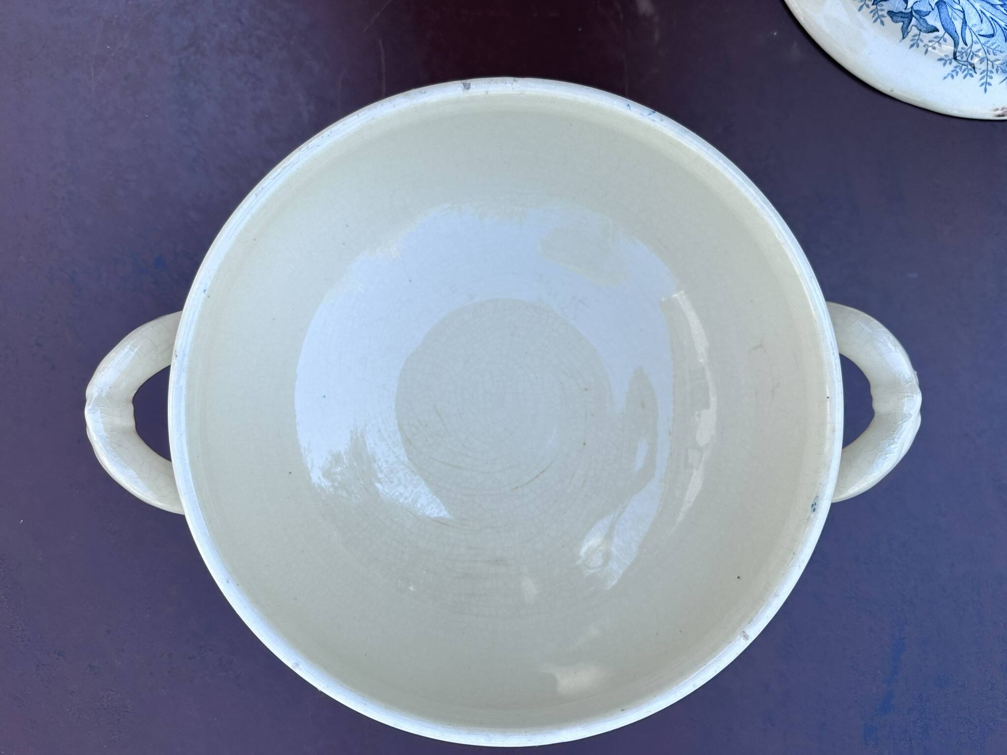 Antique soup tureen, Keller Lunéville earthenware, stamped K, blue decoration.