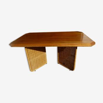 Table noyer bambou et rotin