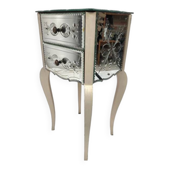 Lacquered wood bedside table, veneered with beveled mirrors decorated with leaves and flowers