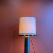 Copper "bouillotte" lamp with Ashoka Silk shade, pom-poms of c