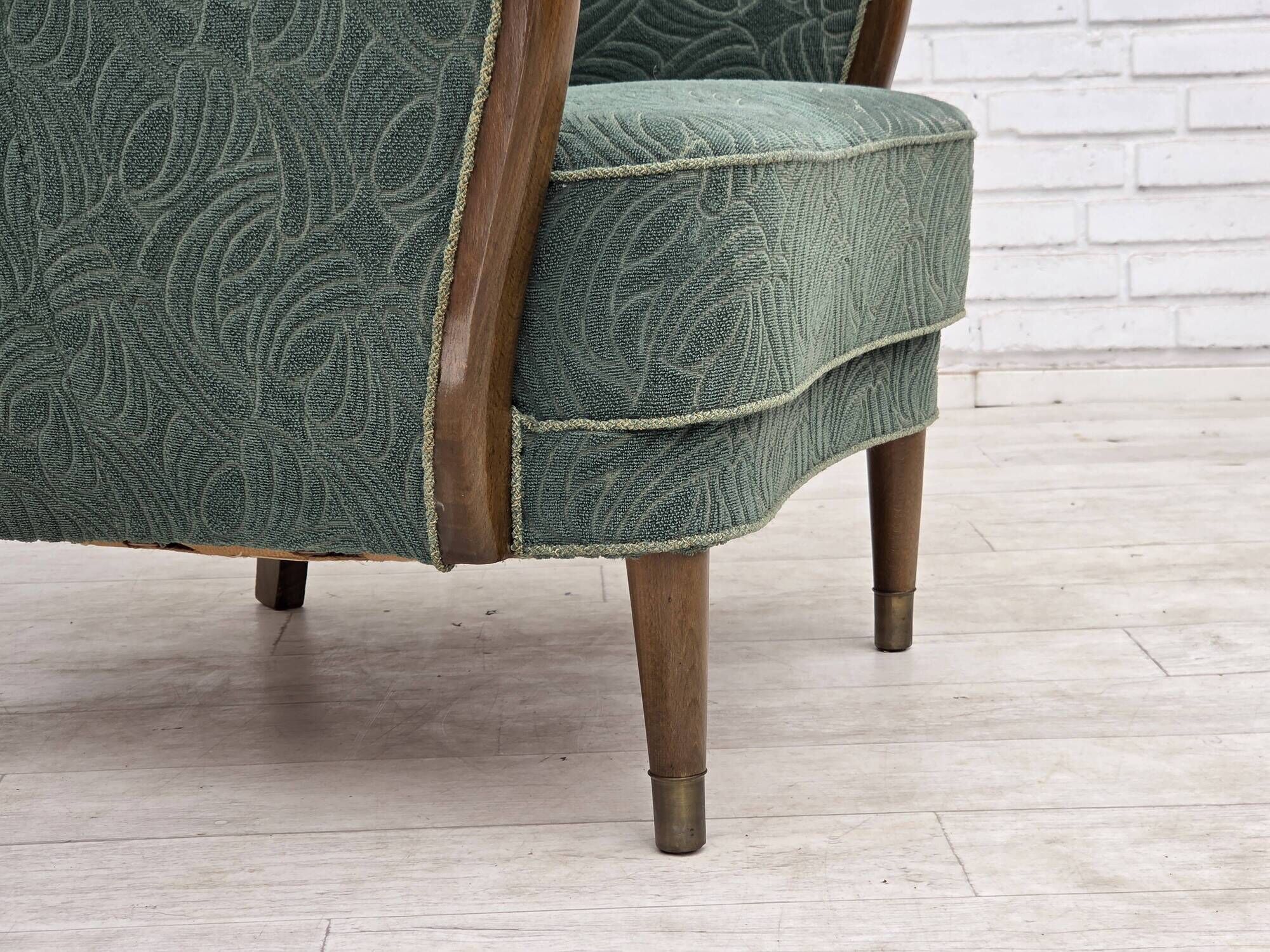 1960s, Danish armchair, green furniture velour, beech wood.