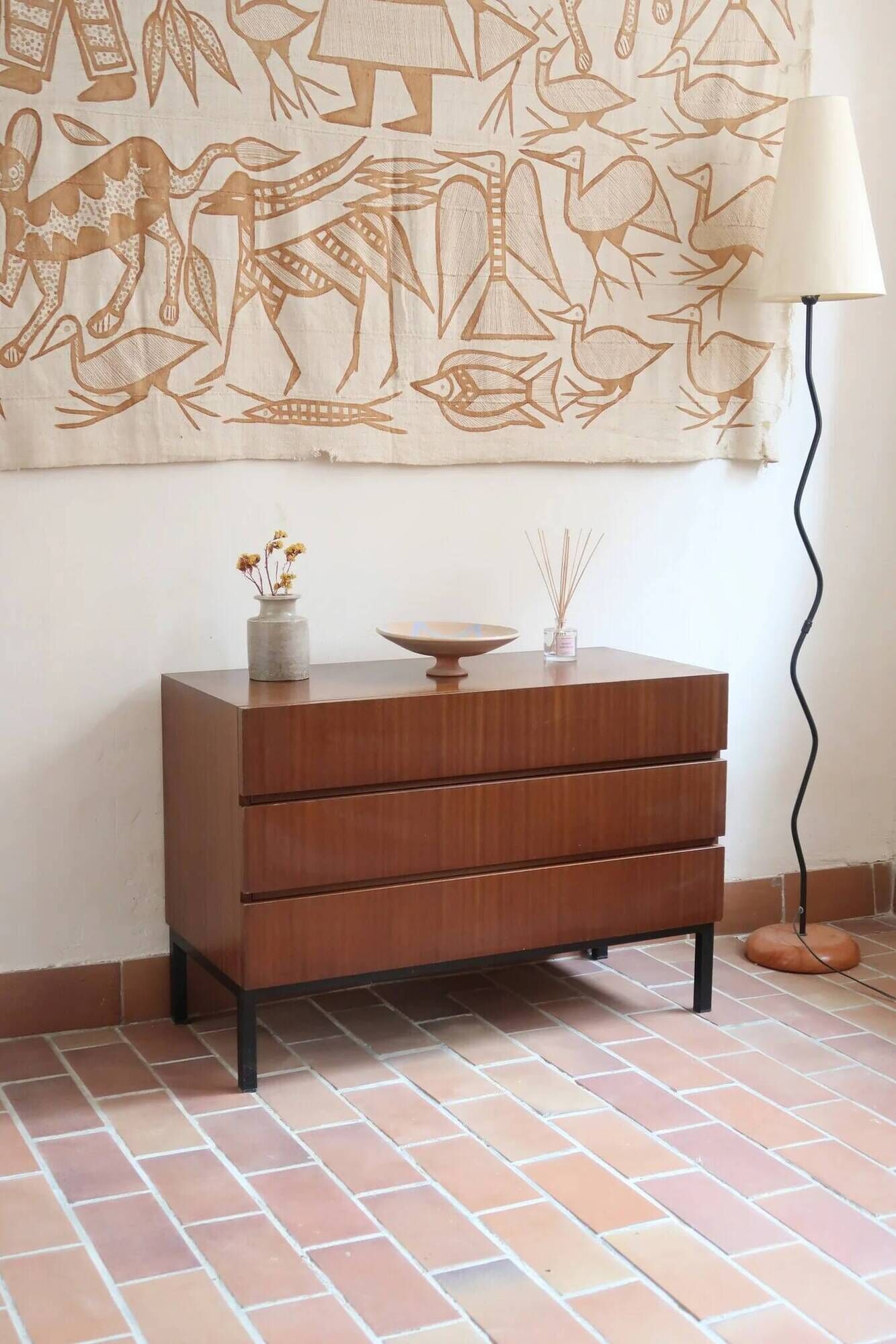 Teak chest of drawers with 3 drawers, black metal legs, 1960s.
