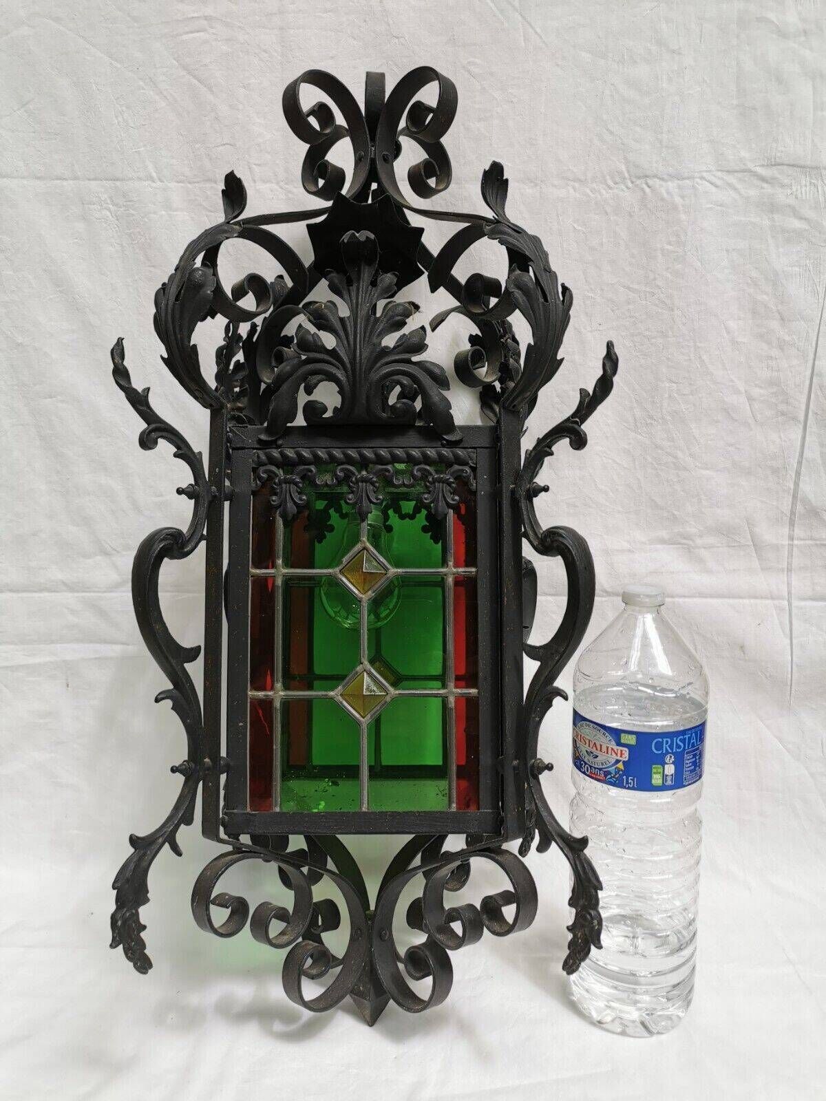 Large old lantern, wrought iron and stained glass. Lamp Chandelier stained glass Entrance