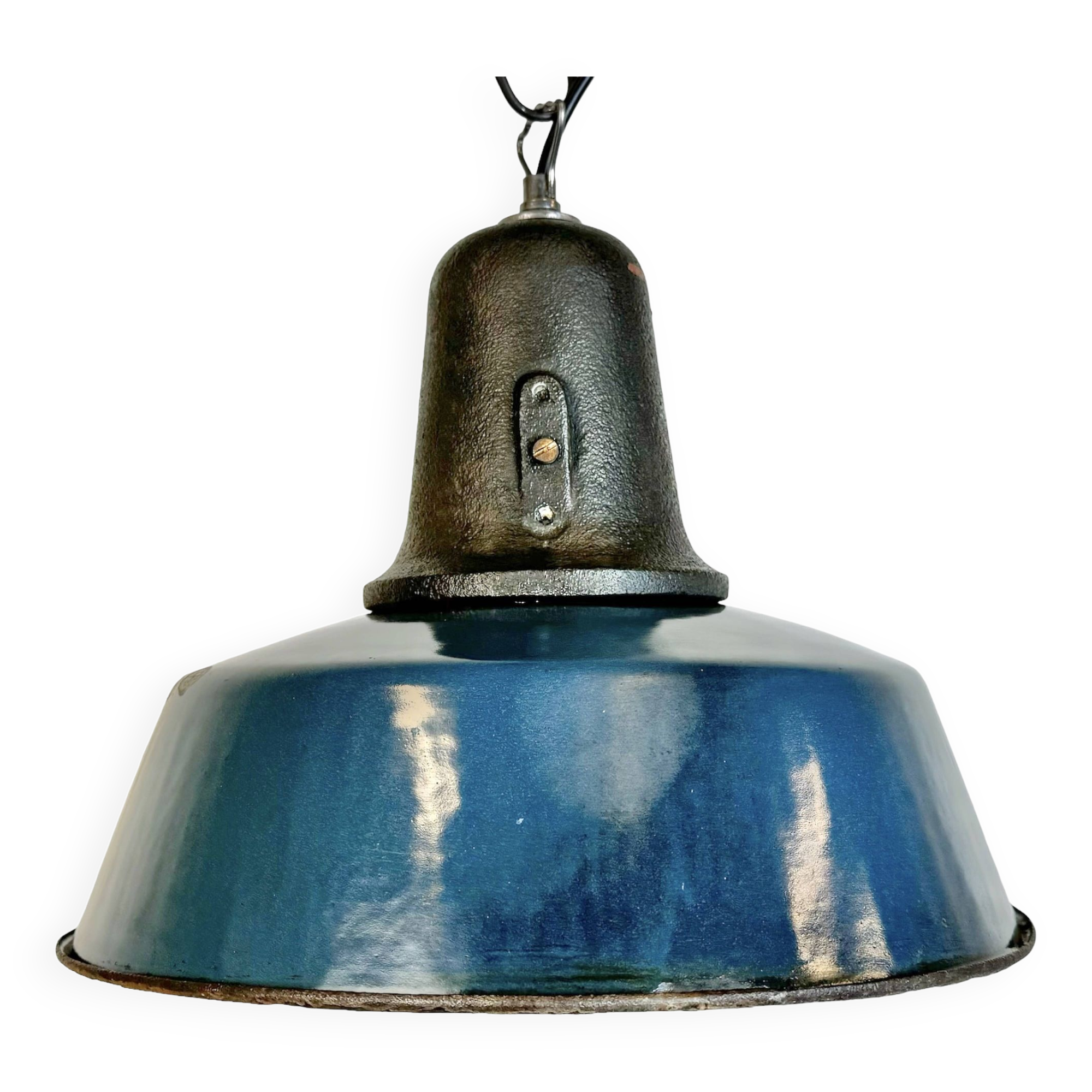 Industrial Blue Enamel Factory Lamp with Cast Iron Top, 1960s