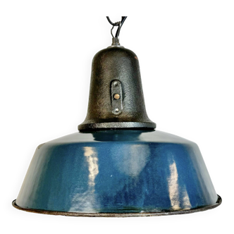 Lampe d'Usine Industrielle en Émail Bleu avec Plateau en Fonte, 1960s