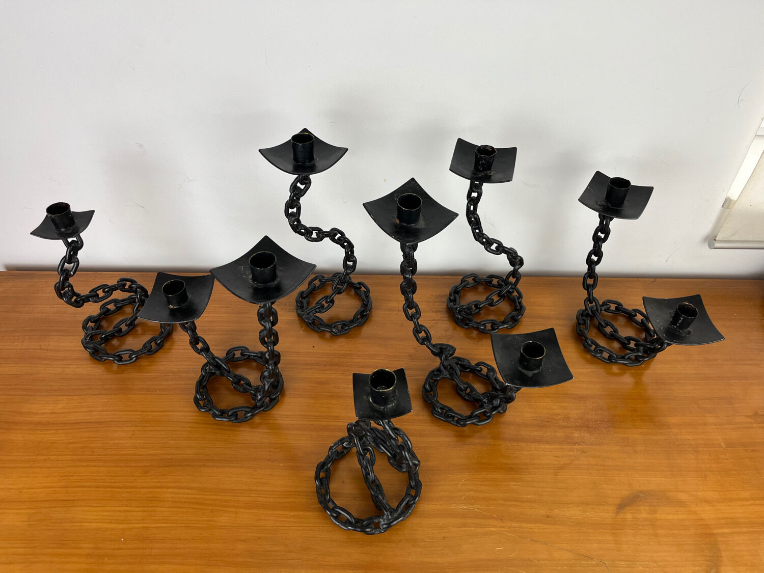 7 wrought iron candle holders in brutalist chain style