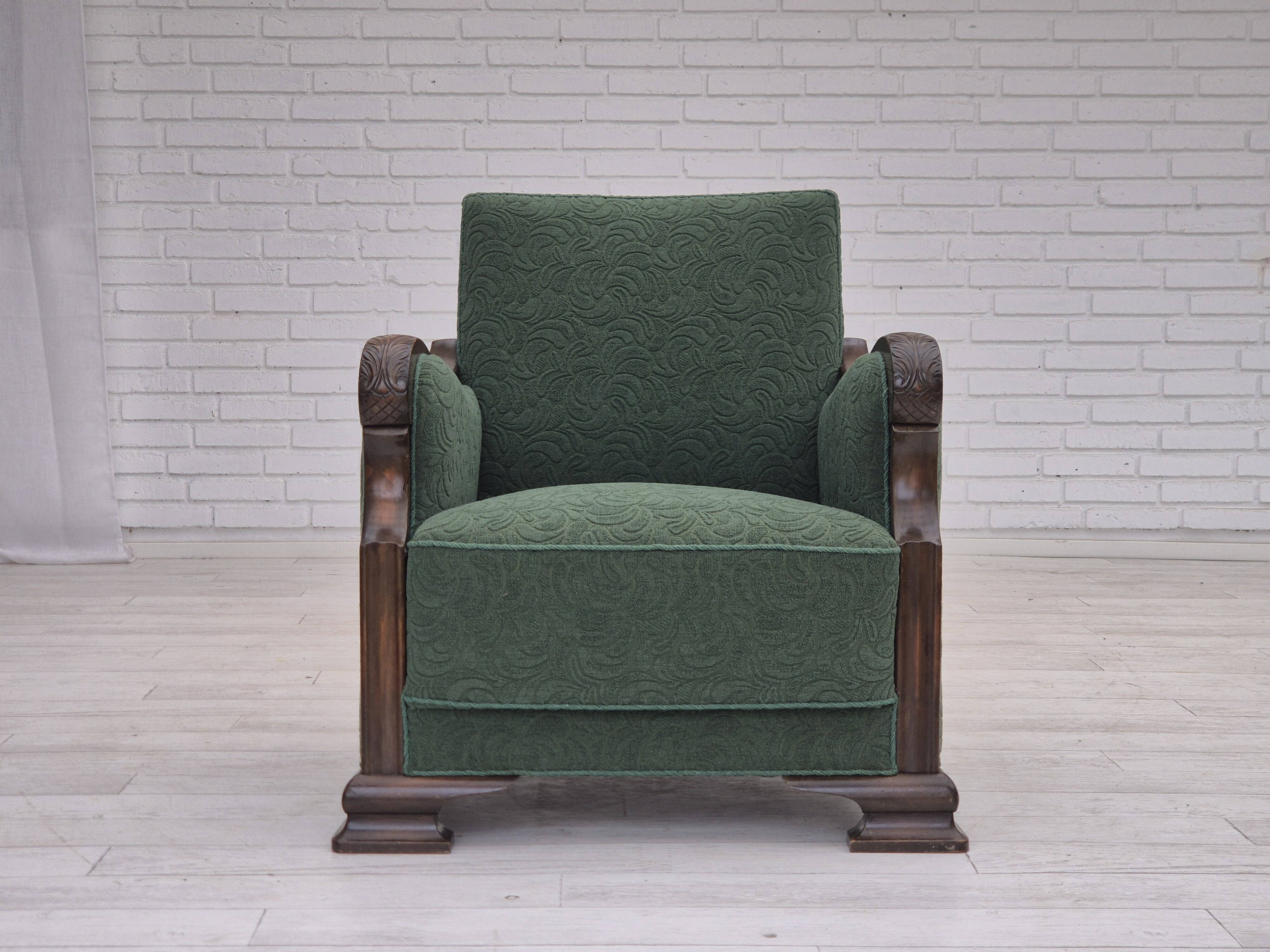 1950s, Danish relax chair, green furniture blend wool fabric, beech wood.