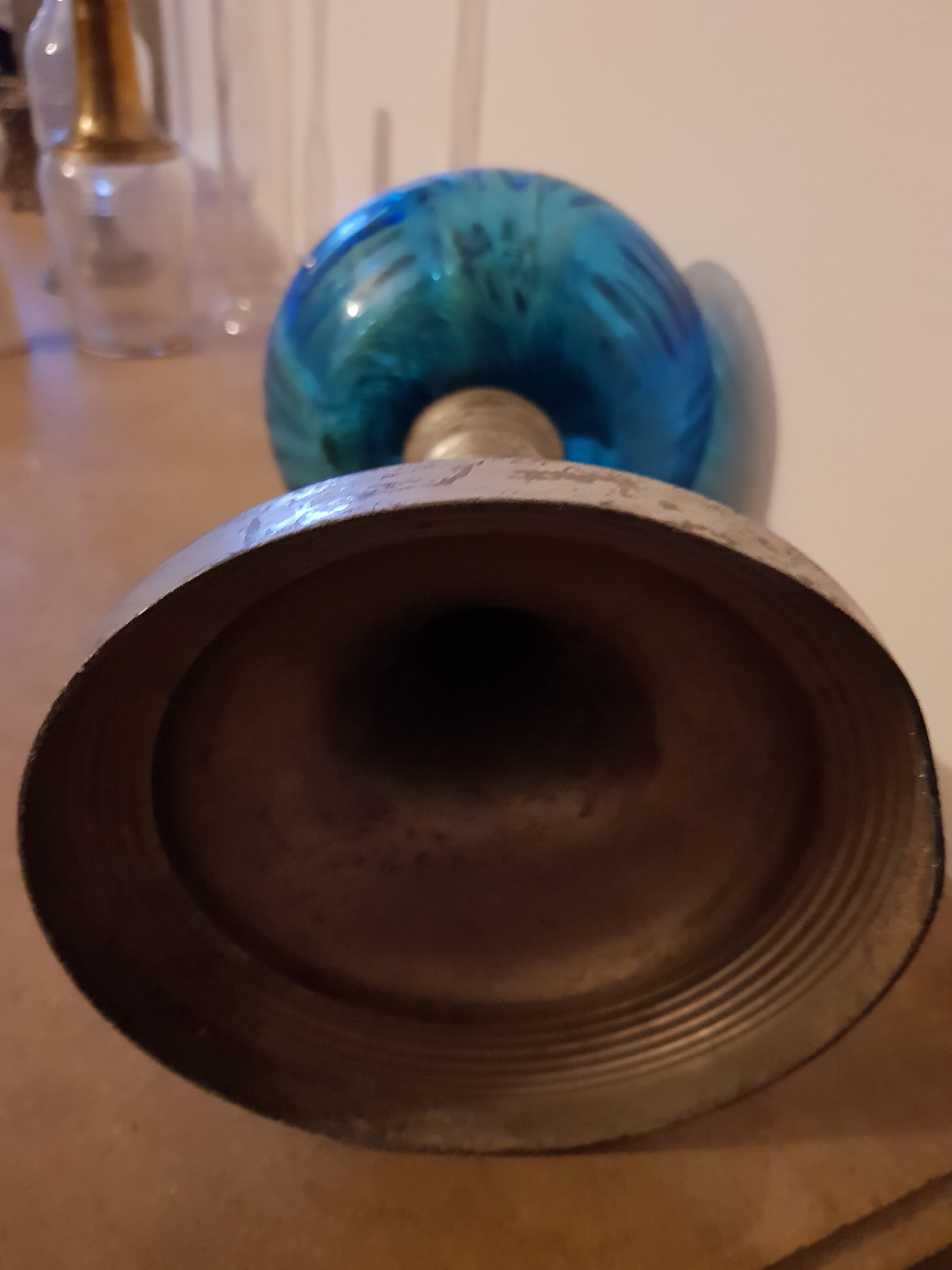 Former oil lamp foot metal silver blue glass