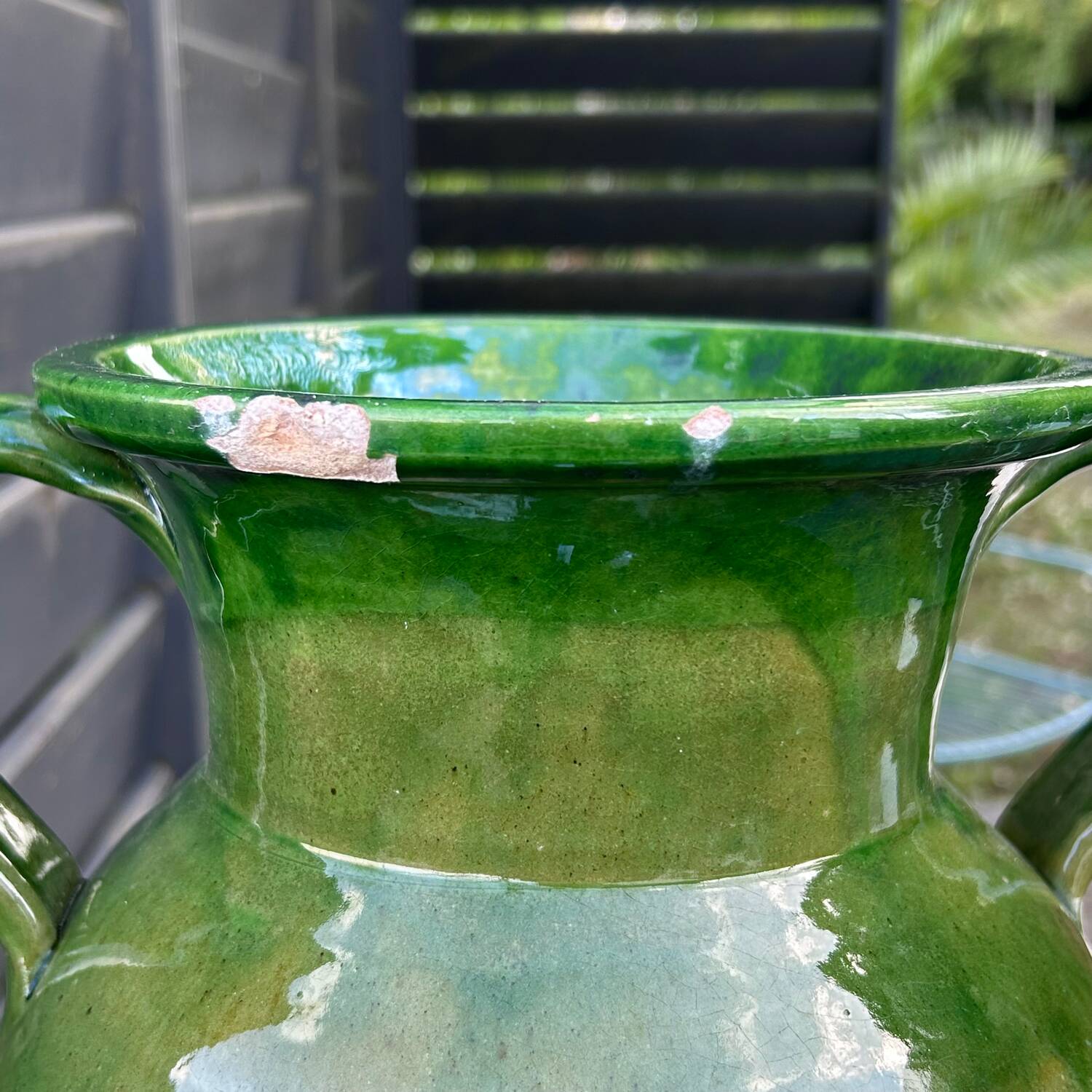 Large green enameled jar