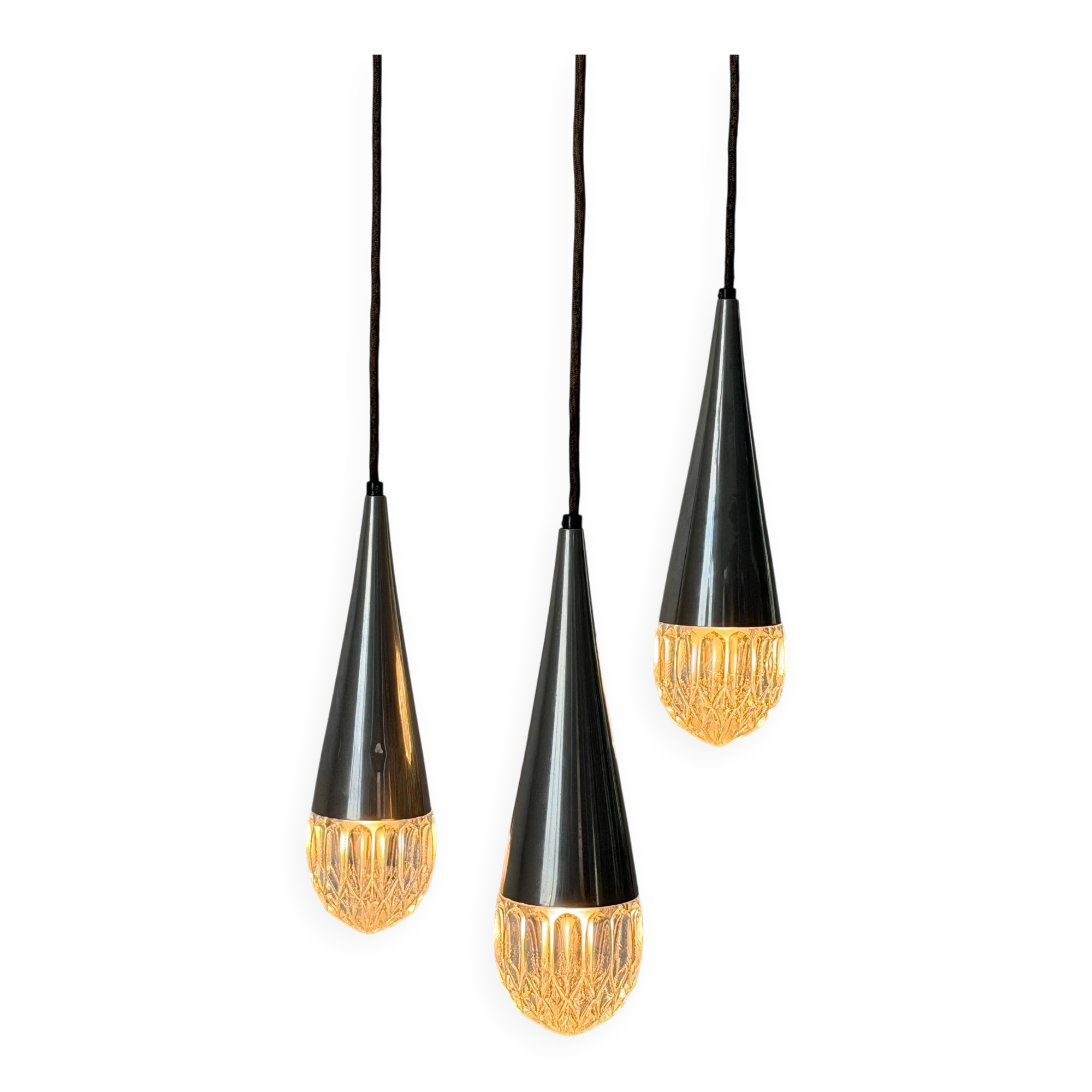 Suspended cascade lamp with 3 glass crystal shades and chrome, 1960s, Germany