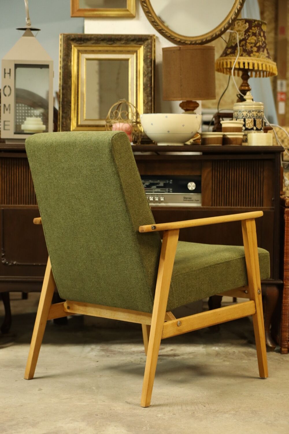 Vintage wood armchair boho green leaf oryginal from Mid century modern 1970 light wood chair salon