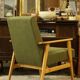 Vintage wood armchair boho green leaf oryginal from Mid century modern 1970 light wood chair salon
