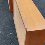 Glass wall shelf in light oak 1960