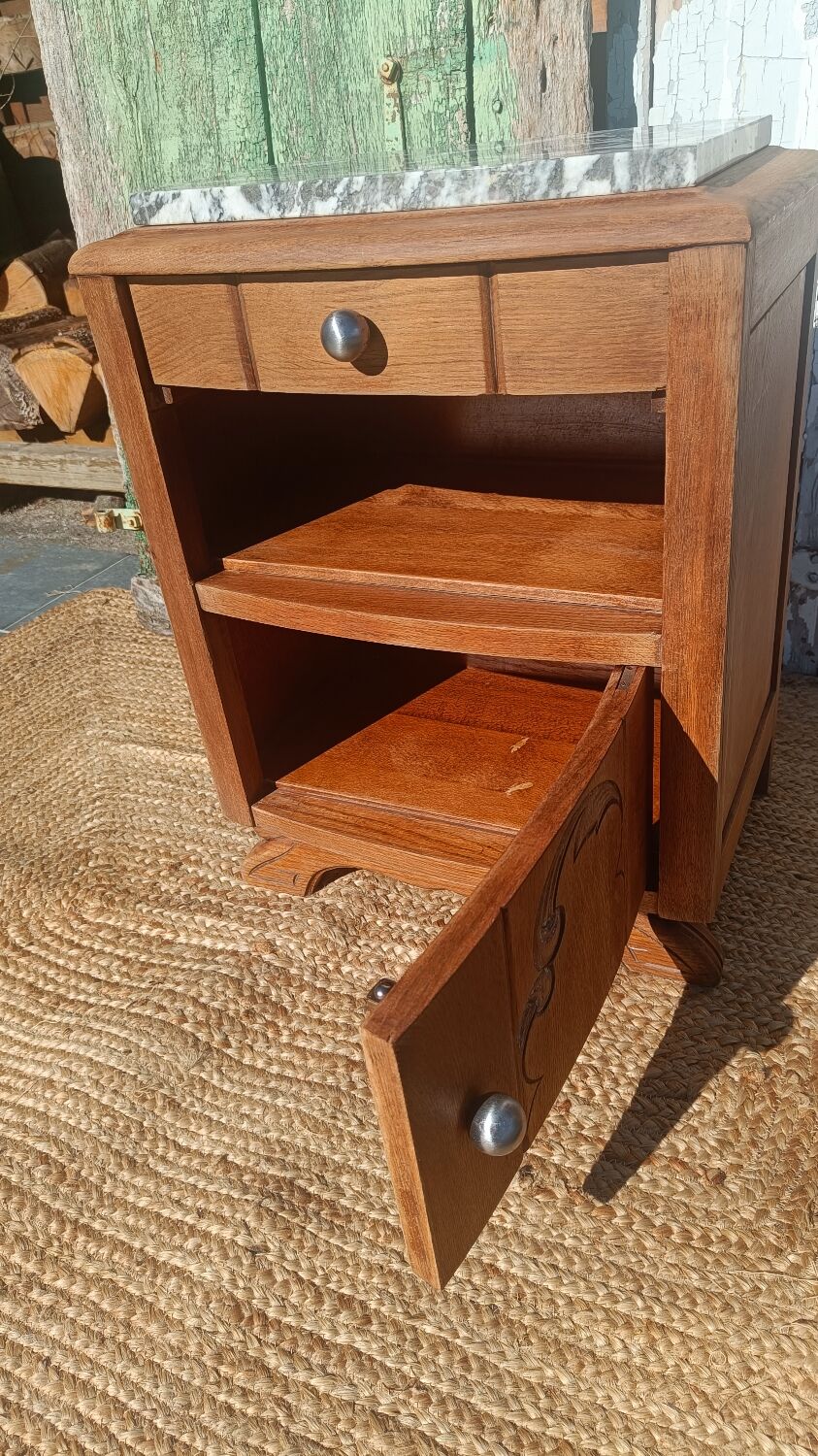 Antique bedside table in solid oak with a marble top.