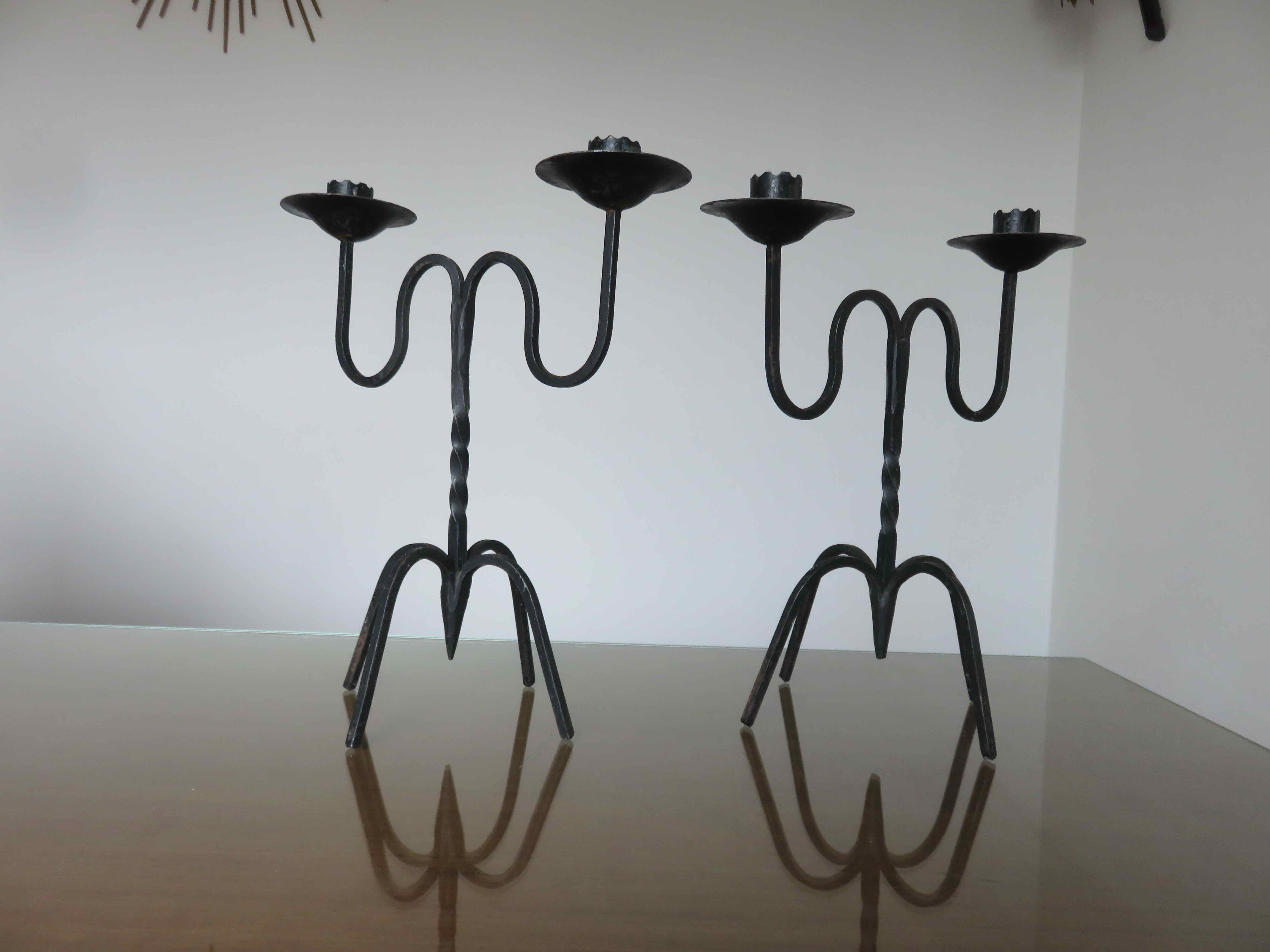 Pair of black wrought iron brutalist candlesticks 50s 60s