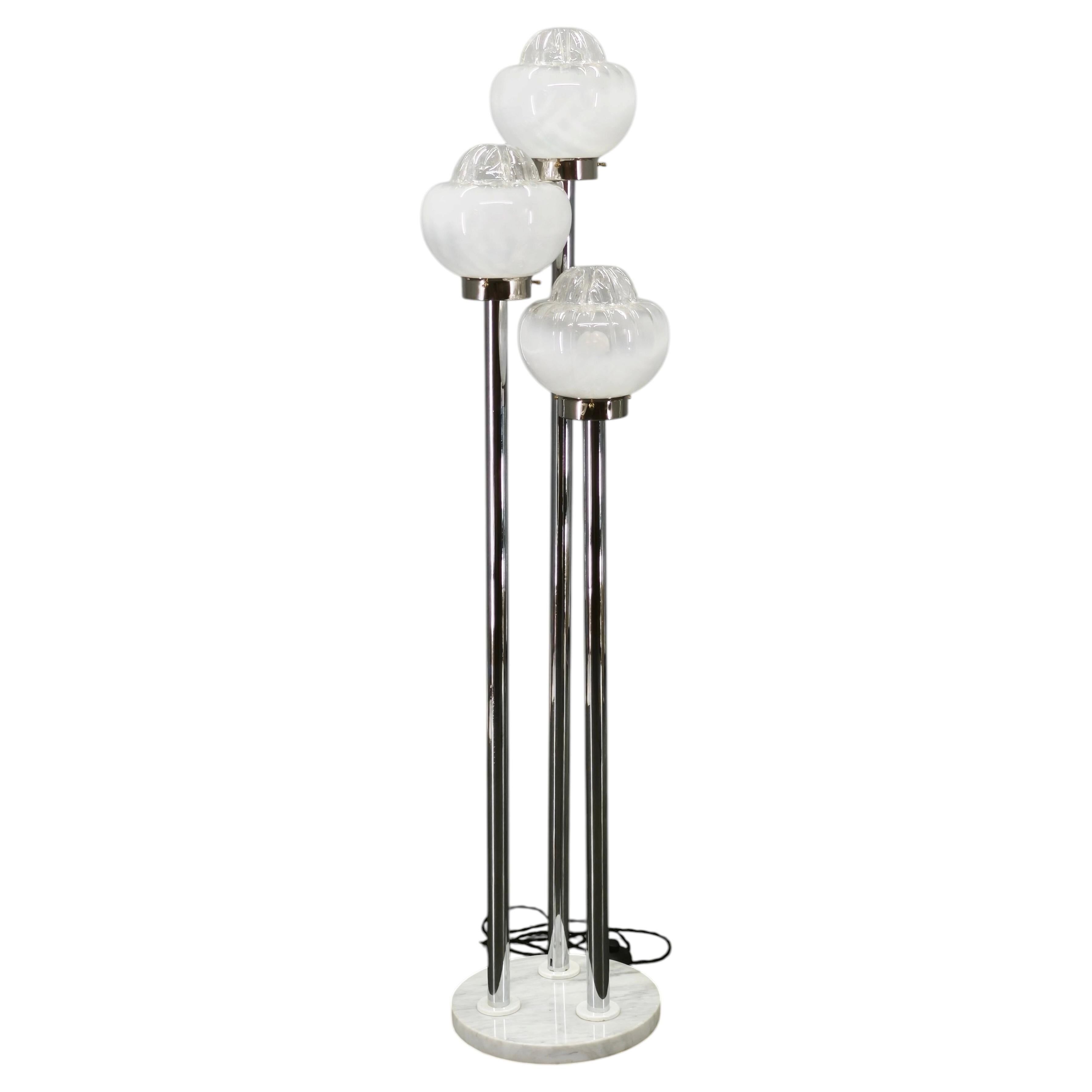 1970s Italian Murano Glass, Chrome and Marble Three-Light Floor Lamp