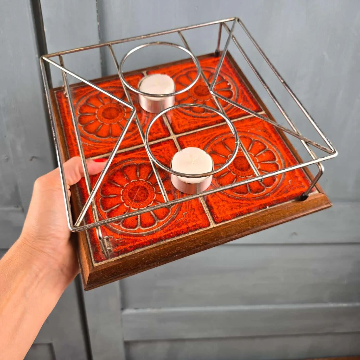 Vintage 1970s candle warmer – Orange ceramic & metal