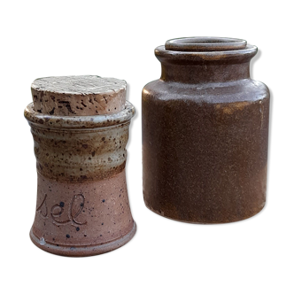 Old condiment pots, salt / mustard, enamelled stoneware