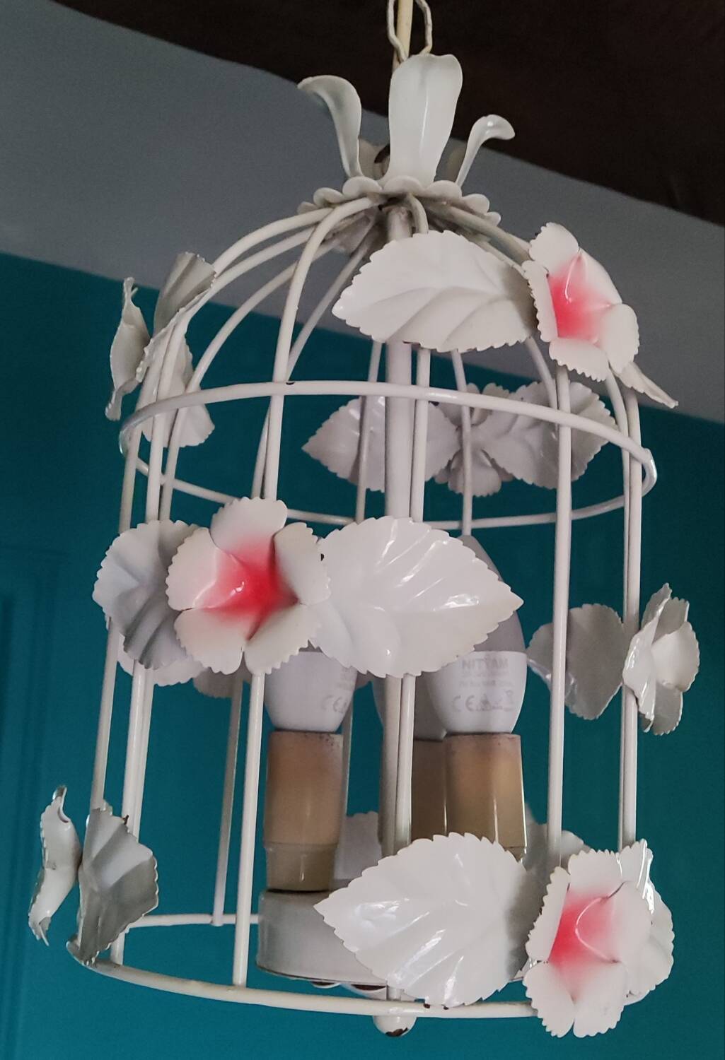 Vintage chandelier cage birds flowers white metal