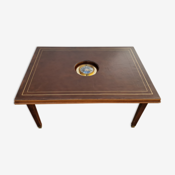 Table basse gainée cuir et pendulette Jaeger 1970