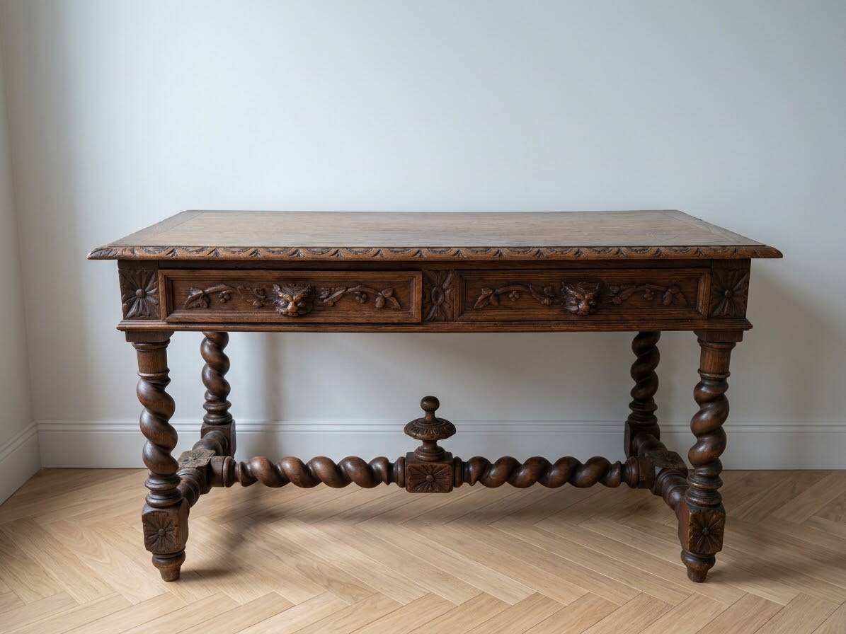 Antique solid wood carved desk in Louis XIII style.