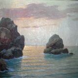 Superb seaside table with crespuscule by P. Dupret with frame