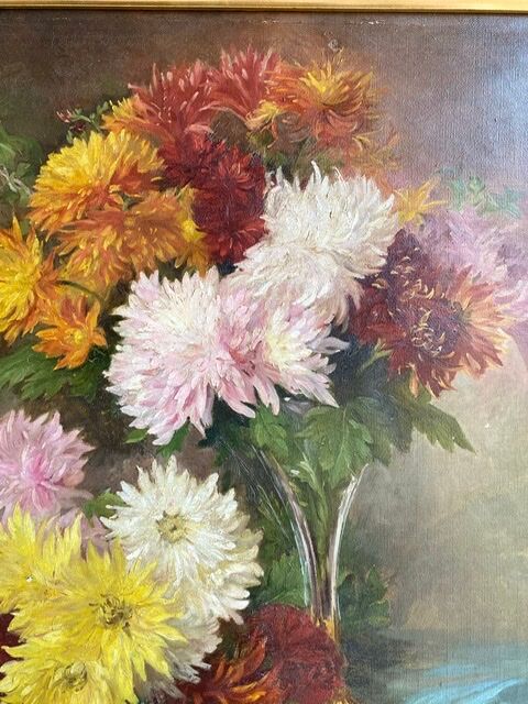 Ancient painting, dead nature with dahlias, signed, dated, late 19th century