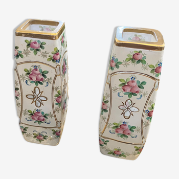 Pair of vases in enamelled and gilded crystal Rose motifs