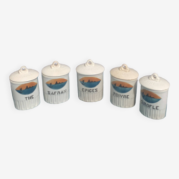 Series of 5 art deco spice pots, stencil patterns, sea and boat, orange and blue, earthenware