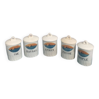 Series of 5 art deco spice pots, stencil patterns, sea and boat, orange and blue, earthenware