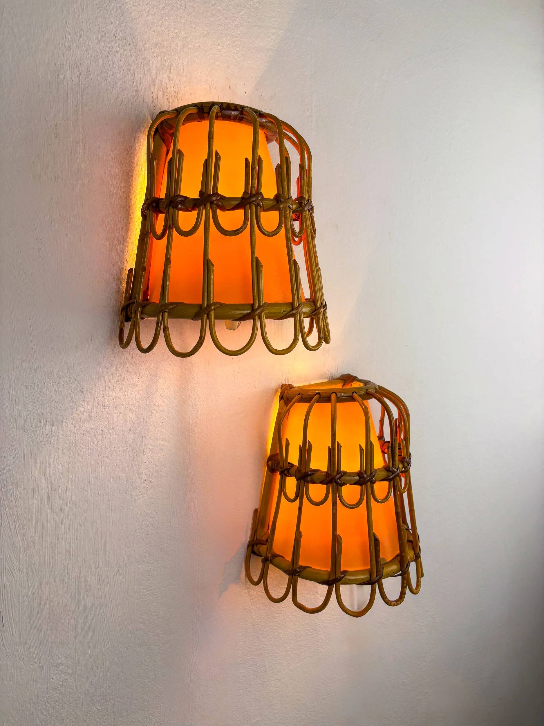 Pair of mid-century rattan wall sconces, Italy, circa 1960s