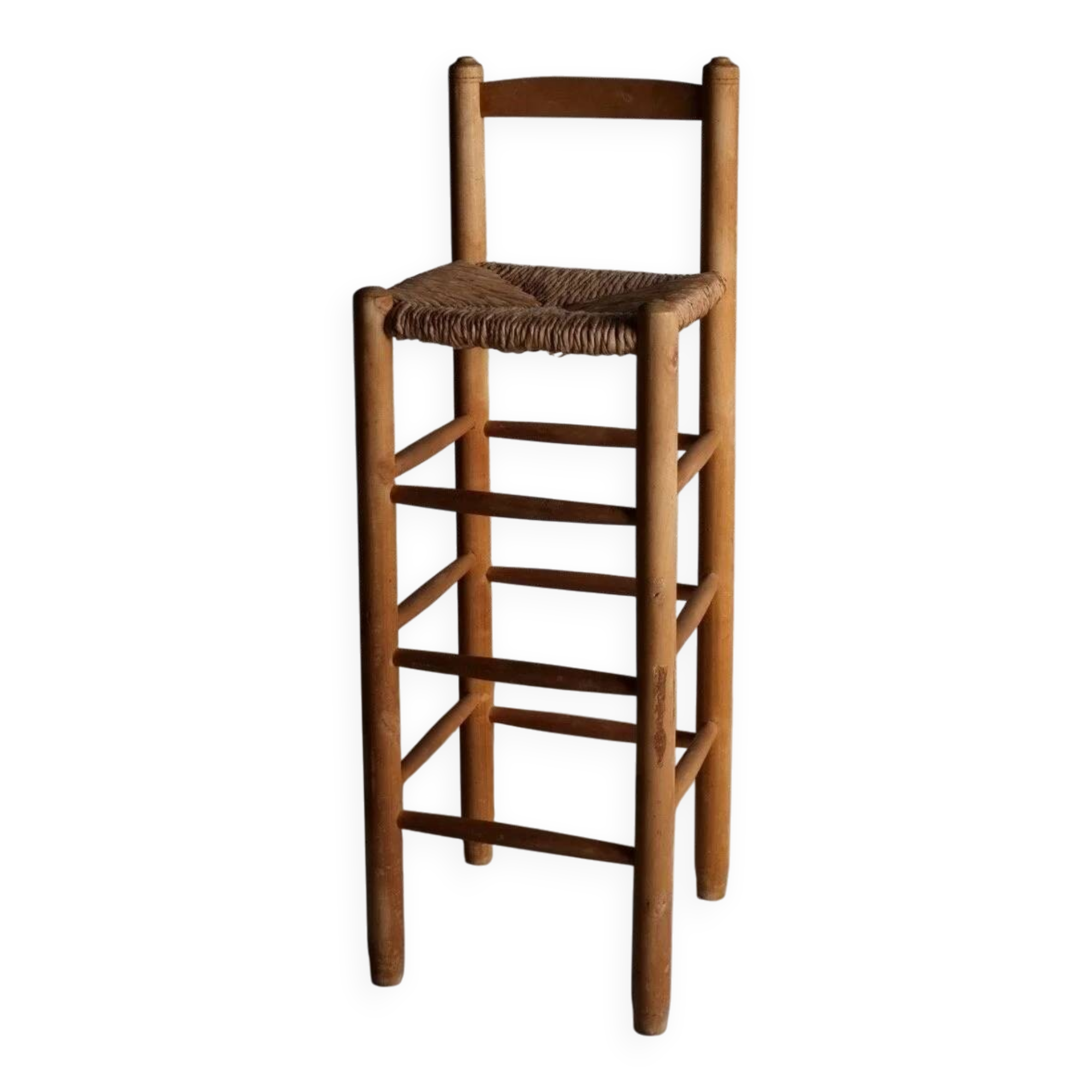 Tabouret de bar rustique à assise en jonc | France | Années 1960