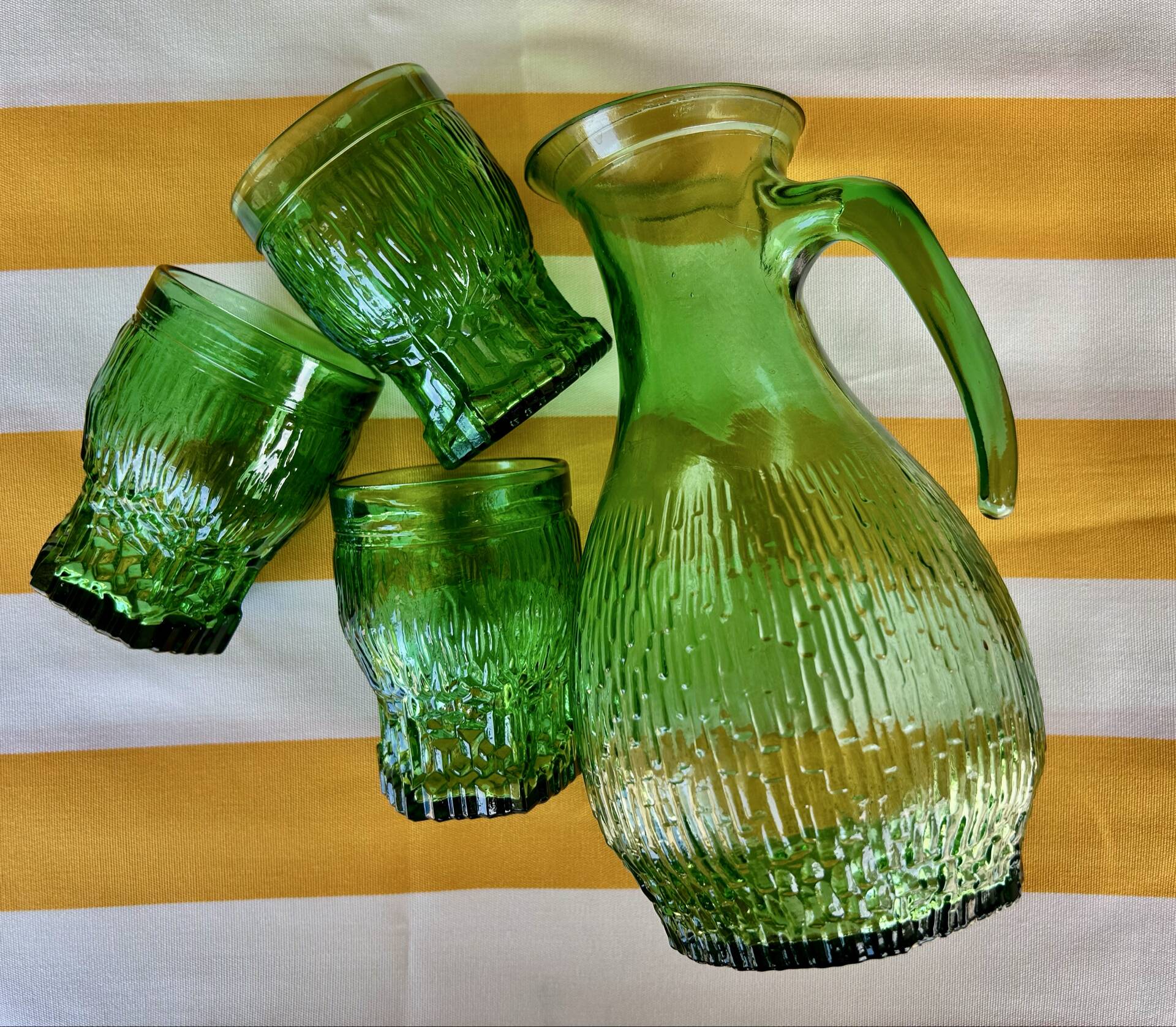 1 carafe and 3 green glasses from the '60s