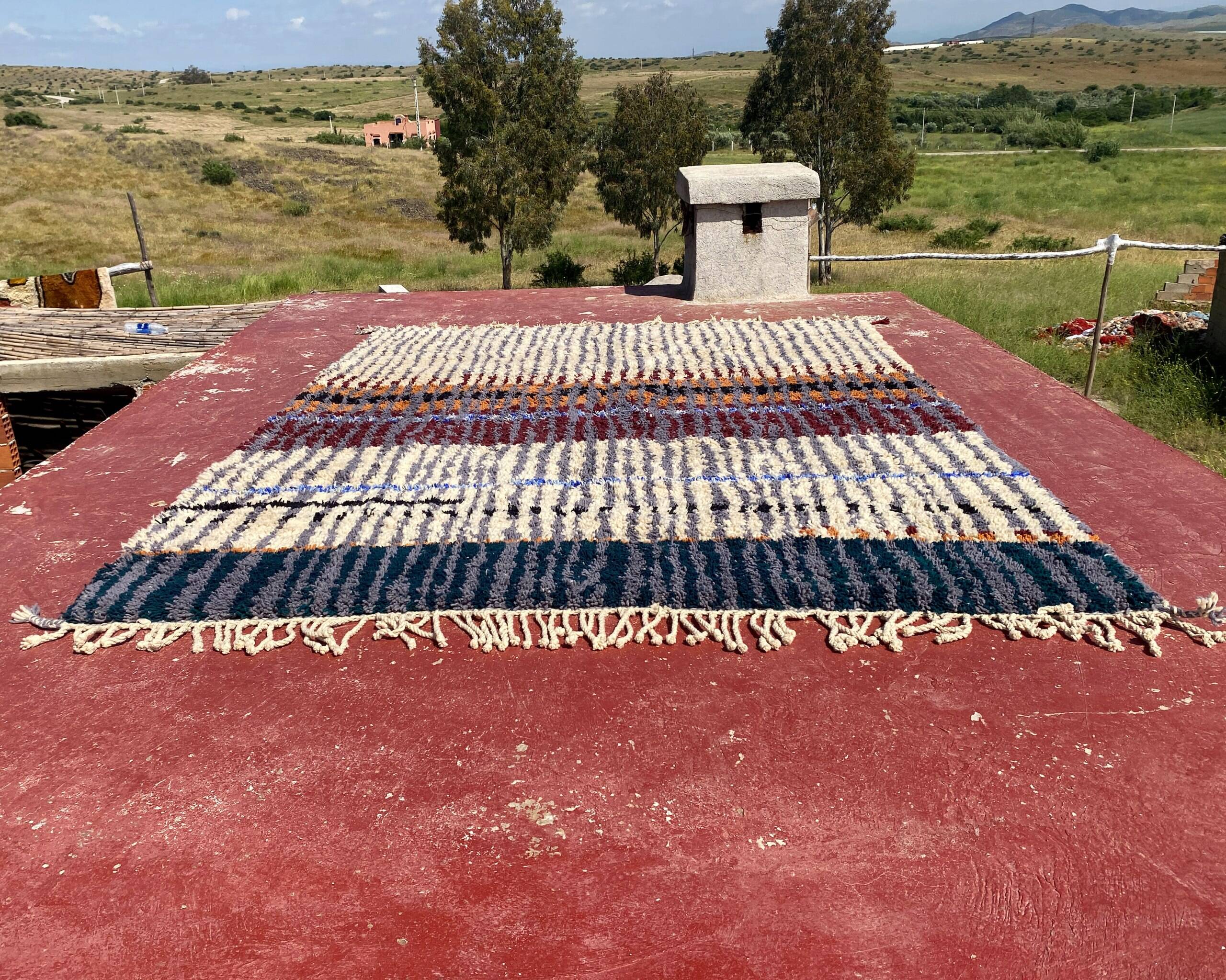 Vintage Moroccan Berber rug with multicoloured stripes – 332 x 244 cm