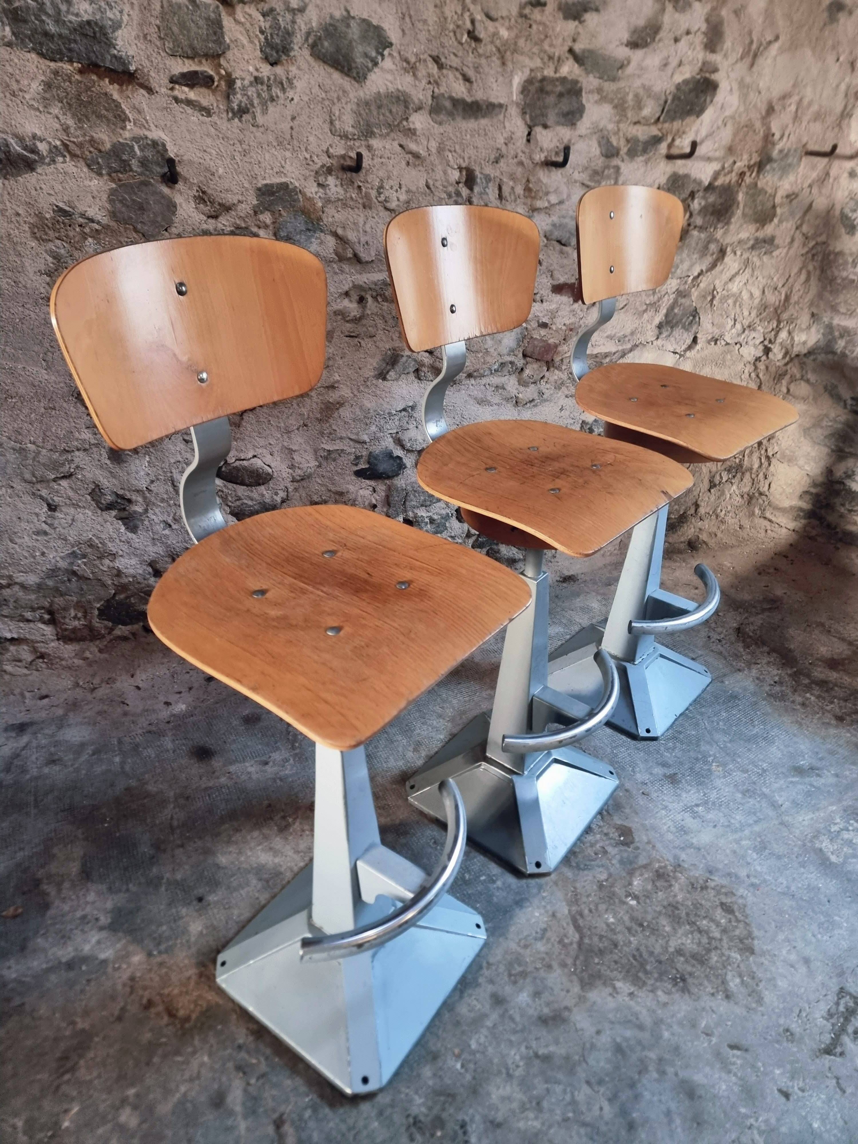 Set of 3 industrial swivel workshop chairs – fixed height bar stools – mid-century factory seats