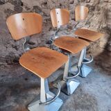 Set of 3 industrial swivel workshop chairs – fixed height bar stools – mid-century factory seats
