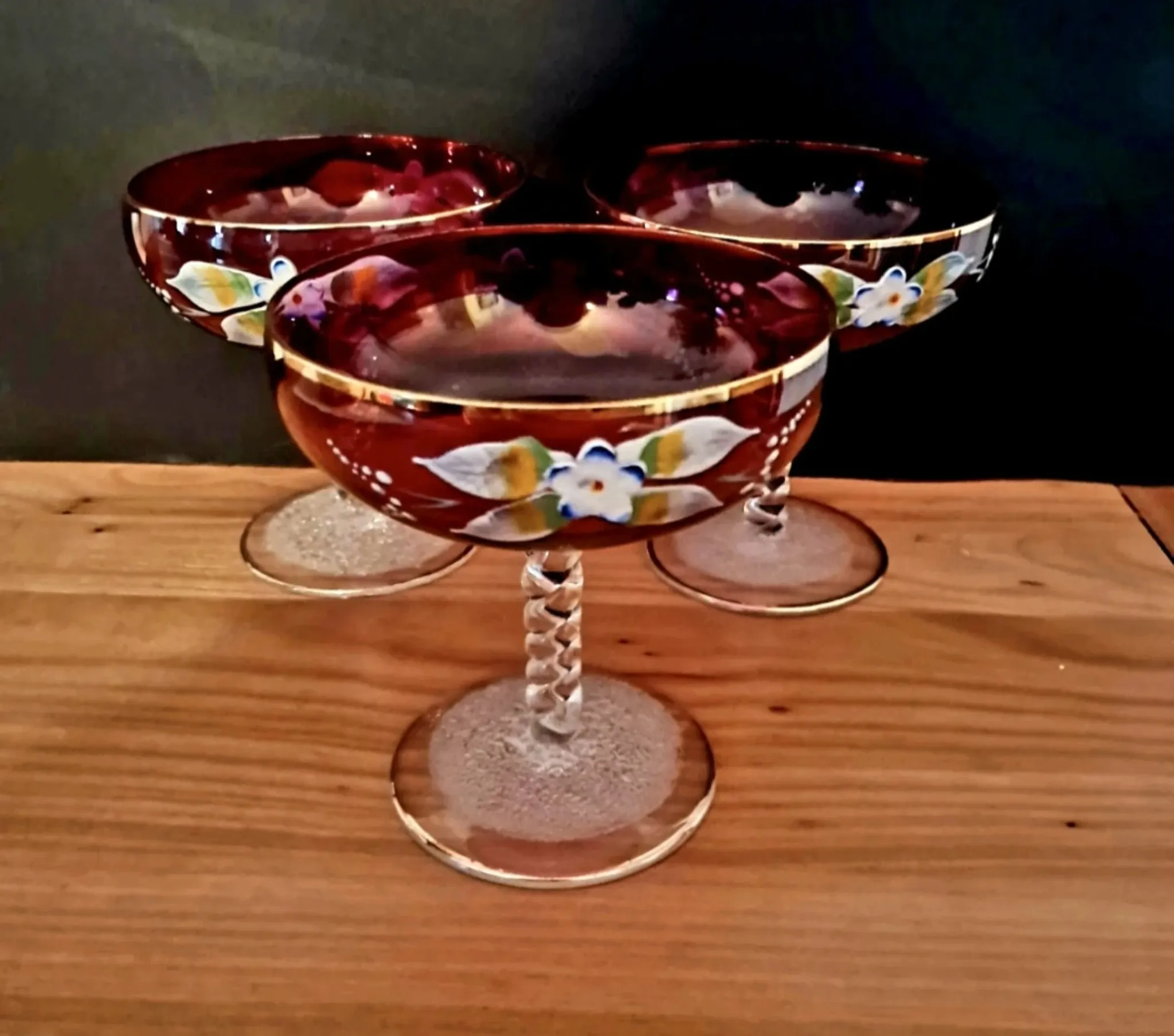 3 Bohemian crystal champagne coupes from the 1960s.