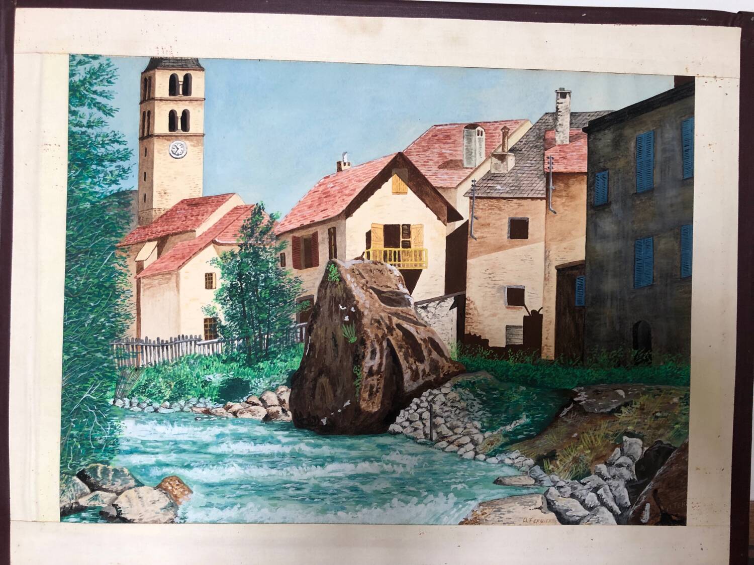 Framed drawing painting mountain village