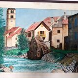 Framed drawing painting mountain village